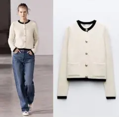 ZARA アイボリー ブラック　ニットカーディガン　ゴールドボタン