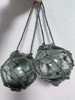 浮き玉 ガラス玉 ガラス球漁網用 グリーン&グレー約11cm　2個