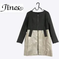 jines ジネス フェイクレザー 切替 ノーカラーコート 春 秋 ベージュ