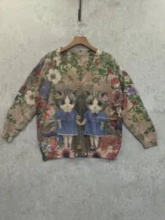 猫イラスト 花柄 カーディガン 長袖