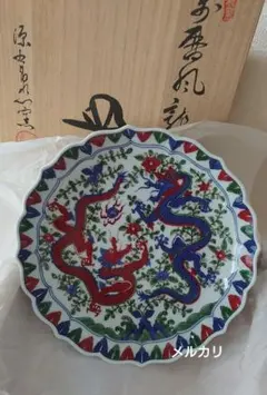 大値下げ◇色絵笹団子絵図角鉢皿◇九十九窯 森本昇:師.斎藤三郎◇共布