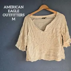 アイボリー Vネック 半袖シャツ 【M】 白 刺繍 レディース 古着