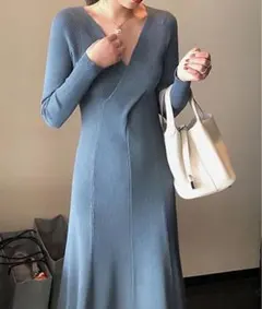 くすみブルー vネック スリムタイトニット長袖ロングワンピース フレア Aライン