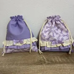 コップ袋２枚セット　紫リボン柄　バイカラー　パープル