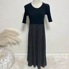 BRAHMIN 異素材ドッキング ワンピース リブ ブラック×ドット 40(L)