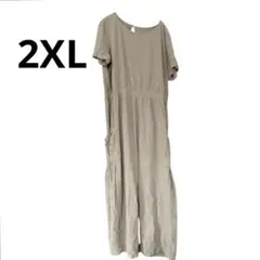 【大きいサイズ 2XL】リネン混 オールインワン サロペット カーキ 半袖 麻