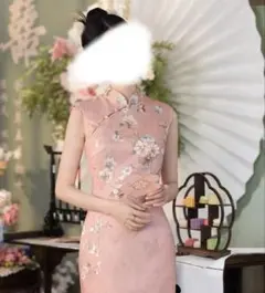 刺繍入り ピンク ロング丈 高級チャイナドレス 上品 細見え