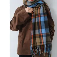 【新品】チェックプレイマフラー ブラウン 水色 チェック マフラー アクリル