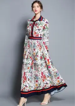 花柄シャツワンピース 襟付き ネイビー × レッド クラシカル ロング