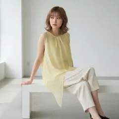 アンタイトル✨️ノースリーブブラウス 黄色 ボーダー アシンメトリーヘム Mサイズ