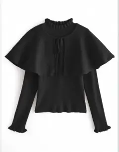 10 新品タグ付きGRL ケープ付きフリルリブニットトップス[k9279d]黒M