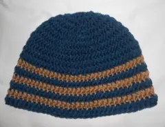 ℳ・紺／茶・ライン・ゆったり目クラッシャーハット・男女兼用・ハンドメイド手編み