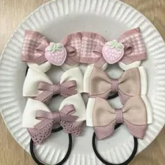 ハンドメイド キッズ リボン ヘアゴム セット 　＊くすみピンク×いちご＊
