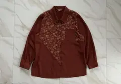 90s 花柄　総柄シャツ　ボタンデザイン　レッド　レトロ古着　モード　きれいめ