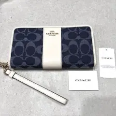 COACH長財布シグネチャーデニムジャガード.ストライブブルー男女兼用