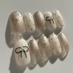 サイズオーダー　ネイルチップ　韓国風　ワンホン　マグネット　リボン　フレンチ