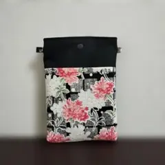 ピンクと白の花×帆布　少しゆったりなハンドメイドのスマホショルダーバッグ　マチ有