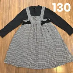プティマイン　千鳥格子柄リボン付きワンピース　130