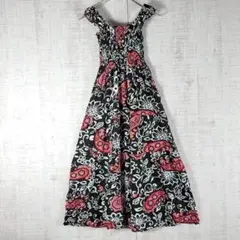 【F】花柄 総柄 ペイズリー柄 ギャザー フレア ワンピース ウエスト肩ヒモゴム