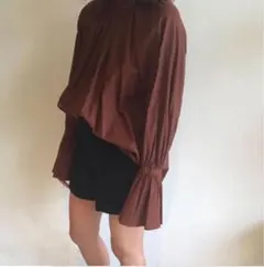 6 roku ブラウン ボリュームスリーブ ブラウス フレア袖 プリーツ シャツ