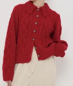 TINAJOJUN レッド ケーブルニット カーディガン