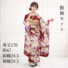 振り袖 フルセット 正絹 赤 重ね衿 振袖 蝶々 薔薇 バラ