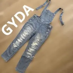 GYDA カットダメージ　ライトブルー ダメージデニムサロペット　S