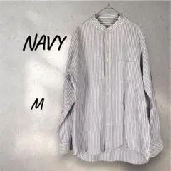 Navy シャツ　オーガニックコットン　ストライプMサイズ　ノーカラー　青ピンクのサムネイル