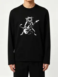 ギター猫 グラフィック 長袖Tシャツ ブラック 面白tシャツ