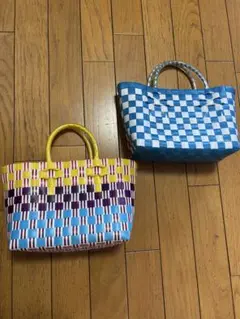 カラフルチェック柄かごバッグ2個セット