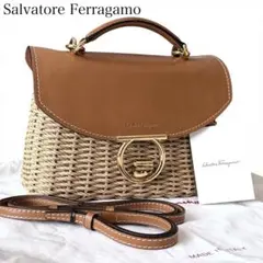 サルヴァトーレフェラガモ 2way ラフィア × レザー カゴバッグ ガンチーニ