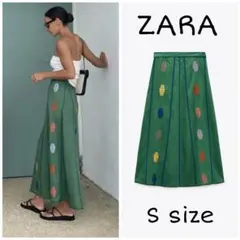 ZARA　エンブロイダリー リネンブレンド ケープ スカート　Sサイズ　グリーン