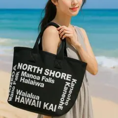 【大容量】黒キャンバストート ハワイ風デザイン A4収納◎