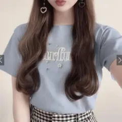 GRL ロゴ刺繍パールビジューTシャツmf002 ブルー