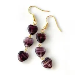 ビーズ　ピアス　ハートのビーズのピアス　パープルメゴールド（イヤリング可）