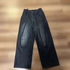 ストラップ付き ワイドデニムパンツ ブラック