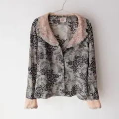 USED 古着 ブラック くすみカラー 花柄 レース プリント ブラウス