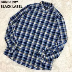 バーバリーブラックレーベル　チェックシャツ　刺繍　ホースロゴ　三陽商会　M 青