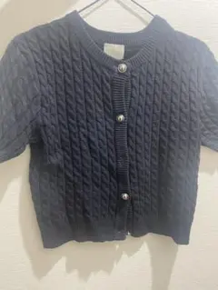 ネイビー ケーブルニット 半袖カーディガン
