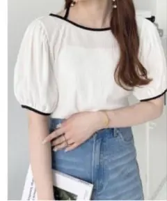 モーメントプラス☻配色パイピングクロスネックボリュームスリーブ半袖プルオーバー