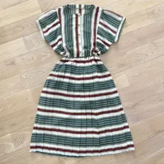 Vintage 古着 ストライプ柄 半袖ロングワンピース プリーツ