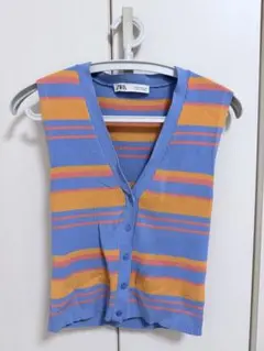 ZARA ボーダー ニットベスト ノースリーブ トップス ボタンデザイン
