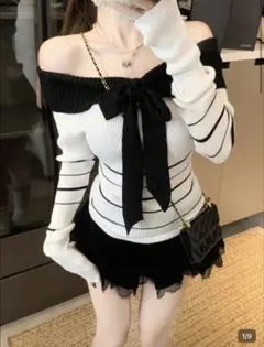 SHEIN 肩出しニットセーター ブラック＆ホワイト/Mのサムネイル