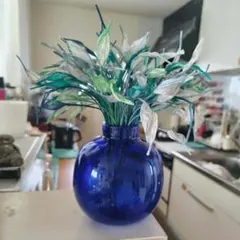 【一点物】手吹きガラス 花瓶＆ペーパーフラワー セット ポンテ跡有 12cm