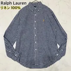 美品】リネン100％　ラルフローレン　ギンガムチェック　長袖シャツ　ロゴ刺繍　M