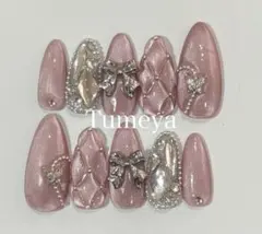 ネイルチップ　韓国　ワンホン　ピンク　マグネット　キルティング　ガーリー　リボン