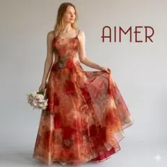 AIMER エメ 高級 ロングドレス 演奏会 花柄 水彩フラワー 光沢 オレンジのサムネイル