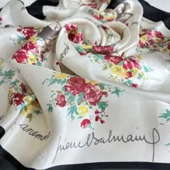 4-33.Pierre Balmain フラワーモチーフ＆ネーム シルクスカーフ
