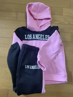 ピンク＆黒 フード付き裏起毛スウェット上下セット 120サイズ