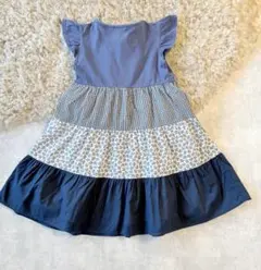 BeBe べべ ティアードワンピース 130 ブルー チェック 花柄